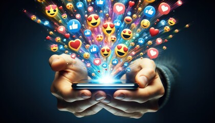Hands holding a smartphone with social media emoji reactions emerging in a colorful display, symbolizing digital engagement.
 - obrazy, fototapety, plakaty