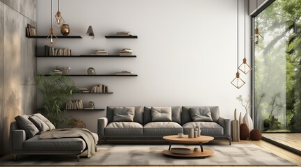 Modern interior design of apartment Cozy living room with gray sofa, coffee tables, bookshelf and armchairs Scandinavian home 3d rendering