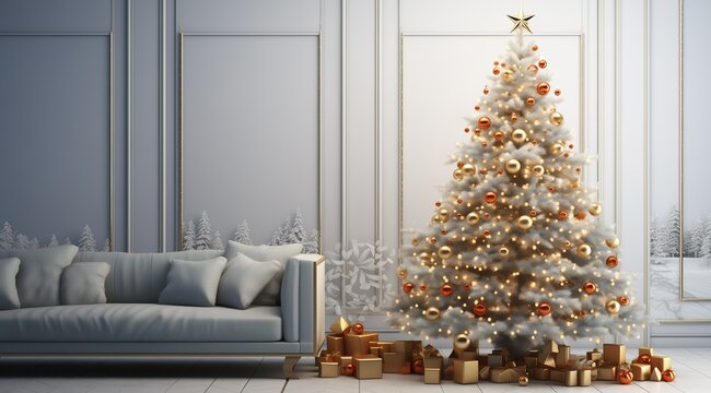 Interior with christmas tree 3d rendering