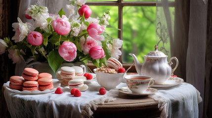 Fototapeta na wymiar Tea party table - green tea, strawberries, meringue on a wooden table, a wooden chair, a bouquet of peonies. Cozy interior
