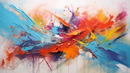 Design an abstract expressionist wall painting with bold brushstrokes and vivid colors, exuding a sense of energy and emotion in an art studio. - obrazy, fototapety, plakaty