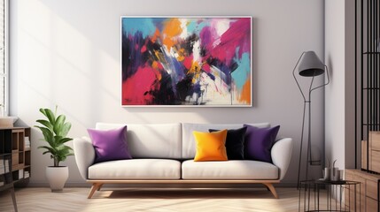 Design an abstract expressionist wall painting with bold brushstrokes and vivid colors, exuding a sense of energy and emotion in an art studio.