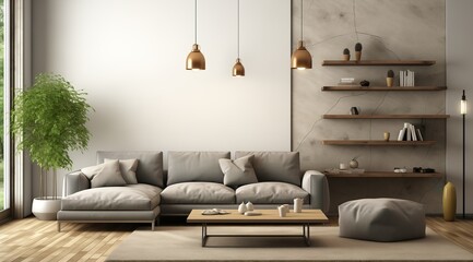Modern interior design of apartment Cozy living room with gray sofa, coffee tables, bookshelf and armchairs Scandinavian home 3d renderin