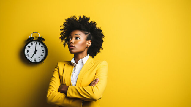 African american woman with braided hair standing over yellow background in hurry pointing to watch time, impatience, upset and angry for deadline delay - Powered by Adobe