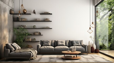 Modern interior design of apartment Cozy living room with gray sofa, coffee tables, bookshelf and armchairs Scandinavian home 3d rendering