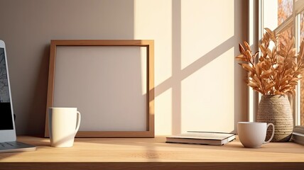 a breakfast still life on a wooden table in a minimalist home office, a cup of coffee, books, an empty photo frame mockup, and a vase with olive branches.