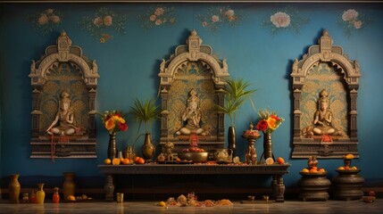 Discover the spiritual and artistic harmony in a traditional pooja room wall painting, a visual delight.
