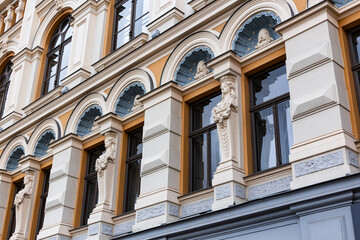Fototapeta na wymiar Art nouveau modernist building facade restored in Riga's old town district, Latvia