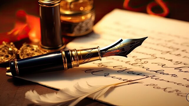 a fountain pen placed on an antique handwritten letter, showcasing the vintage nib pen and the intricacies of handwritten English cursive styles such as copperplate and Spencerian.