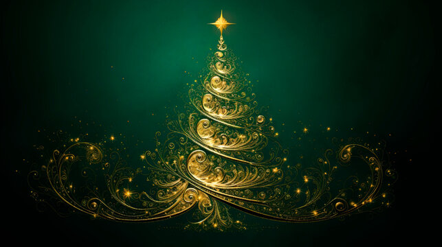 golden tree with gold dust pattern on a green background christmas new year postcard