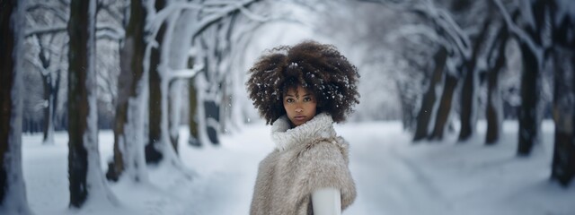 african american woman with afro style hair in the winter
