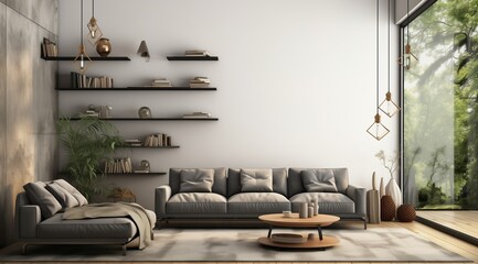 Modern interior design of apartment Cozy living room with gray sofa, coffee tables, bookshelf and armchairs Scandinavian home 3d renderin