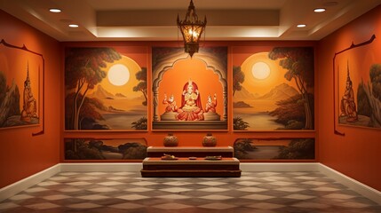 Evoke the soul of a pooja room wall adorned with a traditional painting, showcasing artistic brilliance.