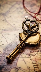 A close-up of a heart-shaped key lying on an antique map, with a vintage compass beside it.