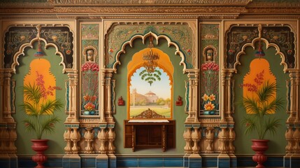 Explore the intricate details and vibrant colors of a traditional pooja room wall painting, a visual masterpiece.