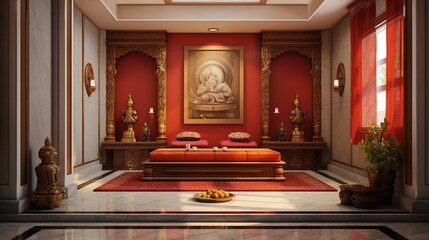 Explore the timeless elegance of a pooja room wall adorned with a traditional painting, a true masterpiece of artistry. - obrazy, fototapety, plakaty
