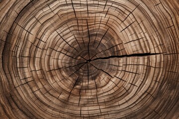 Fototapeta premium Old wooden oak tree cut surface. Detailed warm dark brown and orange tones of a felled tree trunk or stump.