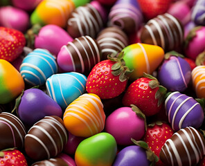 Fototapeta na wymiar Fresh strawberries in colored chocolate on neutral background