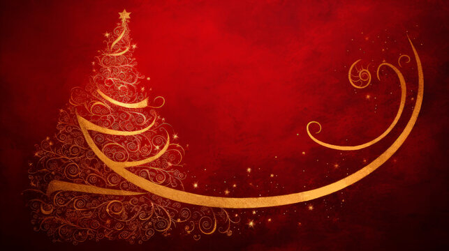 golden tree with gold dust pattern on a red background christmas new year postcard