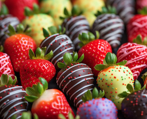 Fototapeta na wymiar Fresh strawberries in colored chocolate on neutral background