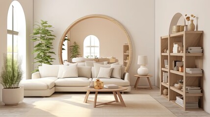 Warm and inviting living room interior featuring white decor, an arched mirror, and built-in shelving, creating a minimalist ambiance.