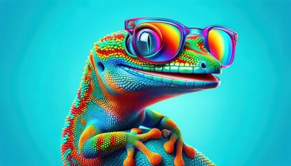 Vibrant Gecko with Colorful Sunglasses on Bright Turquoise Background
