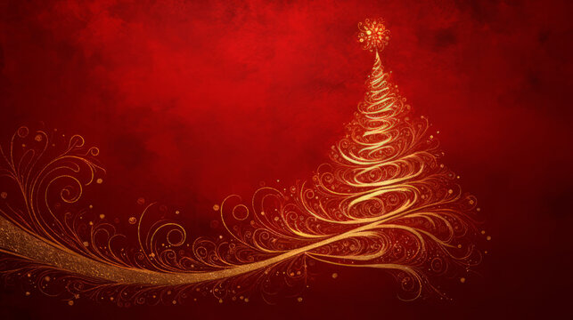 golden tree with gold dust pattern on a red background christmas new year postcard