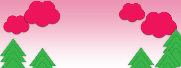 Trees under the colorful sky with clouds. Illustration background