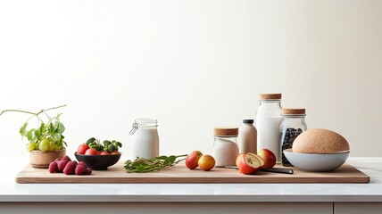 Fototapeta na wymiar a healthy breakfast spread on a white countertop in a modern kitchen with a minimalist style, the essence of a nutritious morning meal.