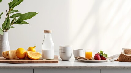 a healthy breakfast spread on a white countertop in a modern kitchen with a minimalist style, the essence of a nutritious morning meal.