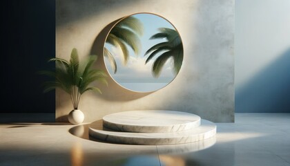 Fototapeta na wymiar Round Marble Platform and Hole in Wall Revealing Palm Tree Leaves and Blue Sky