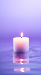 Obraz na płótnie Canvas A serene spa ambiance with a white candle floating in water and a soothing lavender gradient effect.