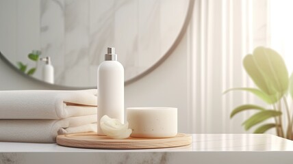 a marble white round podium showcasing bathroom bath products, spa shampoo, shower gel, and liquid soap in a modern minimalist style.