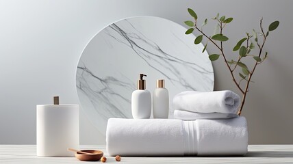 Fototapeta na wymiar a marble white round podium showcasing bathroom bath products, spa shampoo, shower gel, and liquid soap in a modern minimalist style.