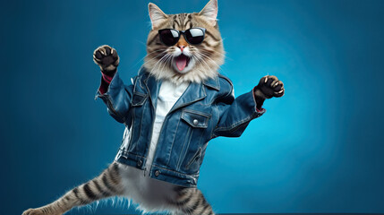 Cat dancing in punk rock clothing leather jacket and sunglasses