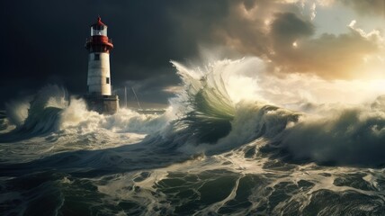 Fototapeta na wymiar a lighthouse standing resilient against an approaching tornado or typhoon, capturing the power of nature.