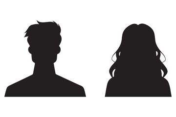 A vector illustration depicting male and female face silhouettes or icons, serving as avatars or profiles for unknown or anonymous individuals. The illustration portrays a man and a woman portrait. - obrazy, fototapety, plakaty