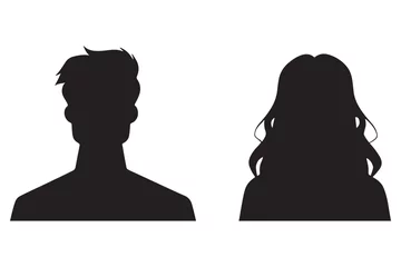 Fotobehang A vector illustration depicting male and female face silhouettes or icons, serving as avatars or profiles for unknown or anonymous individuals. The illustration portrays a man and a woman portrait. © Meduza