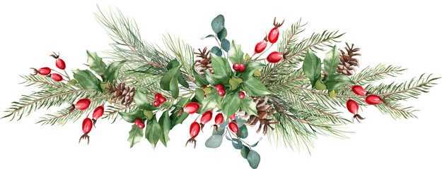 Christmas border watercolor illustration. Ghristmas tree decorated garland. PNG on transparent background