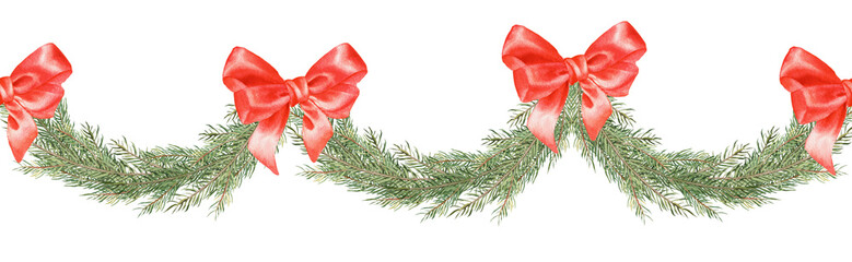 Christmas seamless border watercolor illustration. Ghristmas tree decorated garland. PNG on transparent background