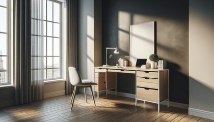 Modern Scandinavian Home Office Interior with White Chair, Wooden Desk, and Natural Light