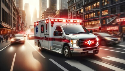 A medical emergency ambulance car driving through the city on a road during the day, with its red lights on. - obrazy, fototapety, plakaty