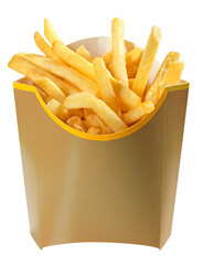Tasty potato fries packed in a cardboard container on an isolated background.