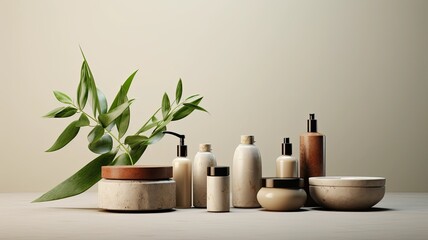 Fototapeta na wymiar an aesthetically pleasing arrangement featuring a set of organic spa cosmetics with green leaves, emphasizing a modern minimalist style.