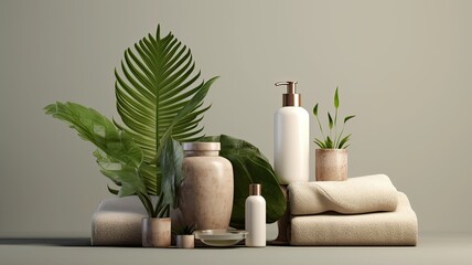 Obraz na płótnie Canvas an aesthetically pleasing arrangement featuring a set of organic spa cosmetics with green leaves, emphasizing a modern minimalist style.