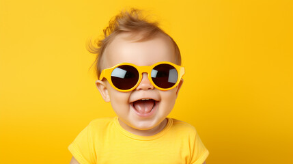 Funny baby boy wearing big sunglasess isolated on yellow background - obrazy, fototapety, plakaty