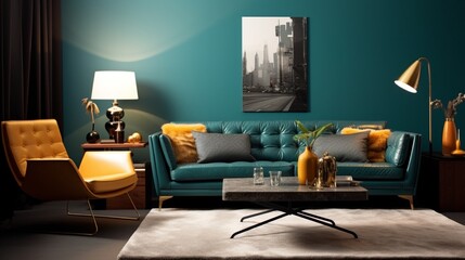 Modern living area, deep teal wall, sleek furniture.