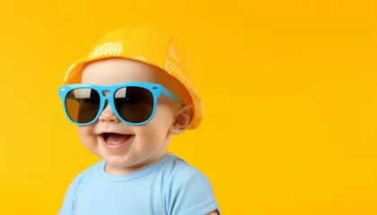 Fotobehang Funny baby boy wearing big sunglasess isolated on yellow background © patternforstock
