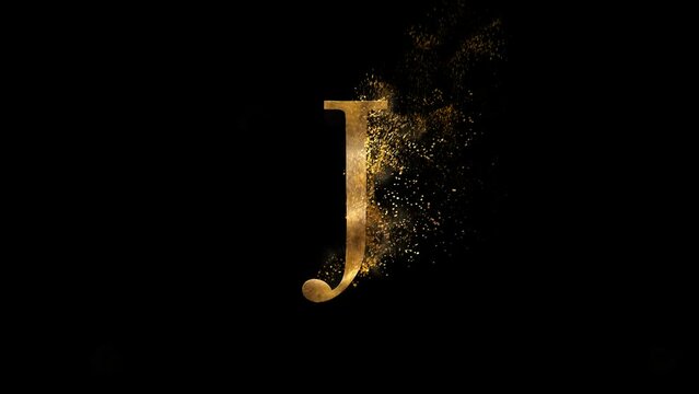 Golden letter J with particles, alphabet, abc, alpha channel