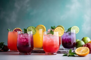 Vibrant summer cocktails or mocktails in glass tumblers with ice, adorned with colorful fruits. Refreshing and visually appealing, perfect for warm days and festive occasions.